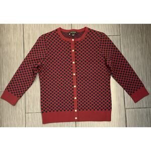 Ann Taylor Thick Knit Cardigan Sweater Nylon Polka Dot Maroon Navy 3/4Sleeve Med